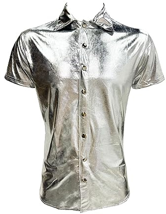 ZUYPSK Chemise en cuir à manches courtes pour homme - En cuir synthétique - Confortable - Coupe ajustée - Brillant - Haut musculaire - Clubwear, argenté, L