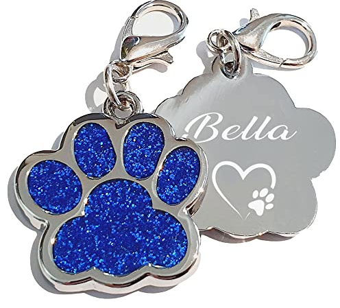 Edelstahl Hundemarke mit Gravur - personalisiert hochwertiger Lasergravur, Adressanhänger Hund für Hunde oder Katzen (blau), 27x29x2,20 mm (ca. 2 Euro Münze), PIU-HM-Pfote-01