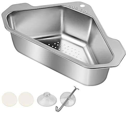 Panier d’évier de Cuisine, CHSEROK Inox Triangulaire Étagère de Drainage, Rangement Evier avec Deux Ventouses Pour la Filtration et l’Organisation de l’évier de Cuisine