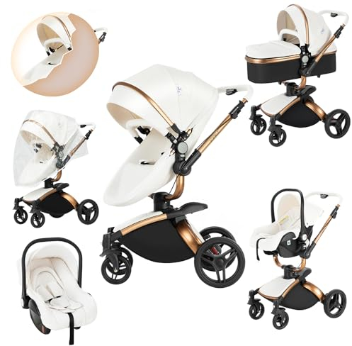 3 in 1 Kombikinderwagen Standardkinderwagen Kinderwagen Reisesysteme Neugeborener Tragbarer Reisewagen Kinderwagen Buggy Faltbarer High Landscape Kinderwagen (906 White)