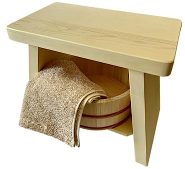 Japanese Hinoki Wood Bath Stool Height 11.8 inches, Hinoki Bucket Set, Ofuro Onsen Made in Japan
