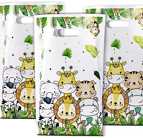 40 Pz Sacchetti Compleanno Animali Giungla Sacchetti Regalo Plastica con Manici Sacchettini Animali del Bosco Festa Tema Animali Compleanno Portaconfetti Bomboniere Baby Shower Battesimo Nascita