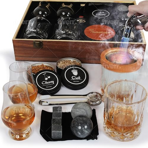 SMOKEOLOGIST Whiskey Gift Set - 2 Spinnable Glasses, 2 Nosing Glasses, Wood Chip Whiskey Smoker, 2 Ice Balls, 4 Whiskey Stones, Luxury Wooden Gift Box
