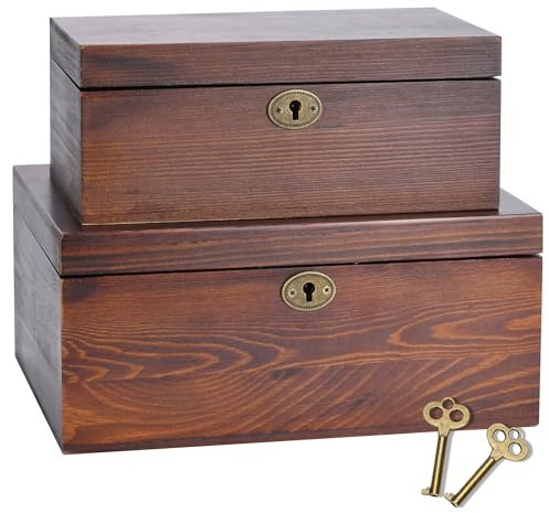 Saijax Wooden Box with Hinged Lid - 2 Pack - Vintage Decorative & Lockable Chest - for Keepsakes, Valuables, Accessories, Treasured Items - Walnut-Like Wood Finish, Aged Brass Hinges & Antique Lock