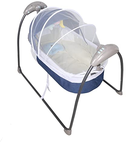 Quiltern Babywiege Kinderbett 3-Speed Auto-Swing Elektrische Babyschaukel Babywippe Babyliege Wiege bis Elektrische Babybett 18KG mit Moskitonetz Musik Omni-direktionale Sicherheitsschnalle (Blau)