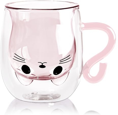 TULEBOLIAN Gato Tazas de Café de Cristal,Tazas de Café de Doble Pared,Vasos de Doble Pared con Asa,Regalos de Gato,Regalos para amigos,Rosa