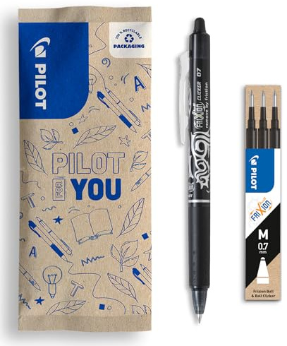 PILOT - Caja de 1 FriXion Ball Clicker + 1 Set de 3 Recambios - Bolígrafo Retráctil Borrable con Tinta Termosensible - Rollerball Recargable y Ergonómico - Negro - Punta Media