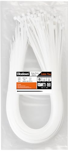 Oksdown 100 Pack White Thick Cable Ties Heavy Duty Large 600mm×4.8mm Strong Clear Nylon Plastic Self Locking 24 inch/60 cm Extra Long Zip Tie Wraps