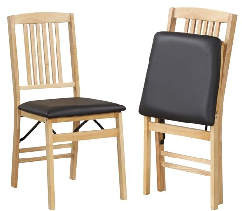 COSTWAY Folding Chairs Set of 2, Rubber Wood Counter Dining Chairs with Backrest & Padded Seat, Kitchen Office Conference Side Chair Seating (PVC Leather Seat, Slatted Back, Black + Natural)