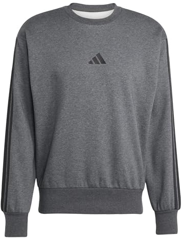 adidas Men's Essential Three Stripes Fleece Sweatshirt, dark grey heather/black, L