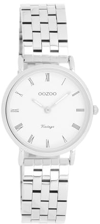 Oozoo Vintage Damen Uhr in Silber/weiß| Armbanduhr Damen mit Edelstahl Armband | Schöne Uhr für Damen | Edle Analog Herrenuhr (28mm Gehäuse) in rund C20372
