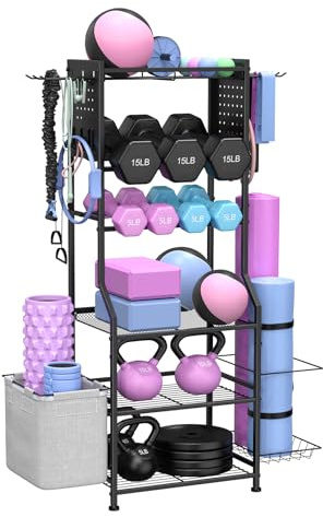 Support d'haltères, rangement de salle de sport à domicile pour kettlebells, tapis de yoga et équipement de musculation, support de poids avec organiseur de panneau perforé, rack haltères