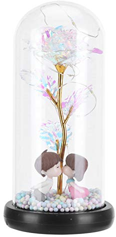 Aladeno Rose Artificielle colorée avec Lampe LED, décoration avec Couvercle en Verre, Fleurs Lumineuses dans Un dôme en Verre, Rose Arc-en-Ciel colorée pour Noël, Anniversaire