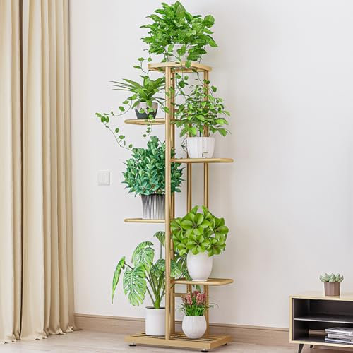 Zstar Support pour plantes à 6 niveaux, en métal, étagère à plantes, étagère à fleurs, étagère à fleurs, étagère sur pied pour intérieur, jardin, balcon, décoration dorée