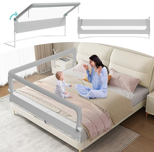 Tubiaz 2x200cm+1x150cm Barrera de seguridad para la cama Rausfallschutz, Barrera de seguridad para niños plegable 180 grados, Barrera de seguridad para la cama con altura ajustable 72-86cm, Barrera de