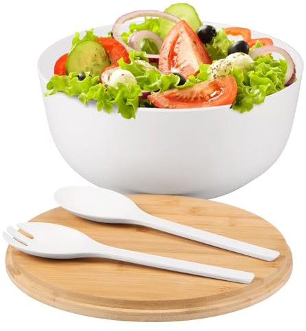 LuLobtg Salad Bowl Bamboo Mixing Bowls with Grooved Lid, 25cm Wooden Food Serving Container with Spoon and Fork for Fruits Pasta Snacks(White)