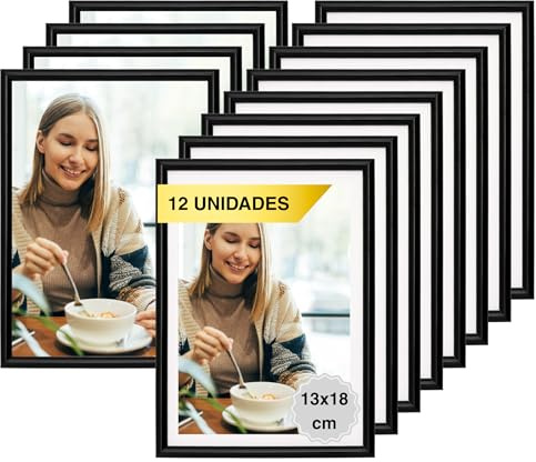 MARCOFOTO Set de 12 Marcos de Fotos 13x18 cm – Marcos de PVC Negros con Cristal Transparente – Para Fotos, Laminas o Certificados – Decoracion de Pared para Hogar y Oficina