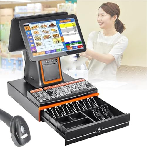 15,6 tums pekskärm kassaregister, detaljhandel och restaurang POS-terminalmaskin, med metallkassalåda, tangentbord, skanner, för POS-system i detaljhandeln Dubbel (Black)