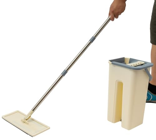 Platt mopp och hink-set, 128 cm mopp med 8 l dubbel rengöringshink, moppset med 10 dukar