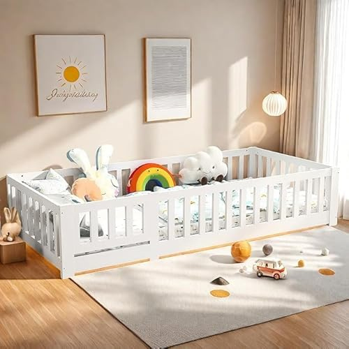 Lit de sol pour enfant, Lit Montessori au Sol en Bois Massif Pin avec Protection Contre Les Chutes et sommier à lattes, lit pour enfant, Lit à barreaux pour Garçons et Filles (Blanc A, 90 x 200 cm)