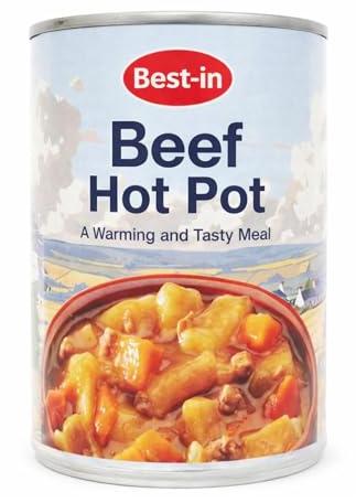 Best-in Beef Hot Pot Tinned Meal 390g x 6 Hearty Beef and Vegetables in Rich Gravy, Ready to Heat Comfort Food, Long Life Cupboard Canned Meal