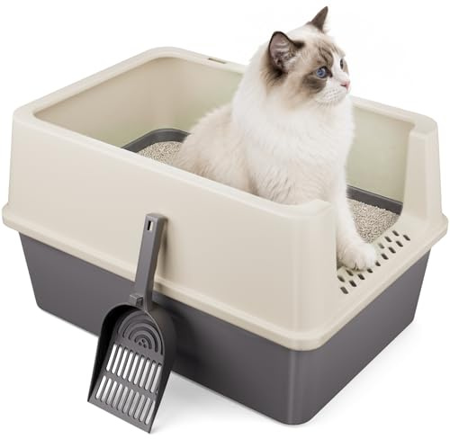 Large Open Top Cat Litter Tray with Scoop, High-Sided Cat Litter Box, Detachable Rim for Easy Cleaning, Plastic Cat Toilet, 47 x 33 x 34 cm, (Dark Grey)
