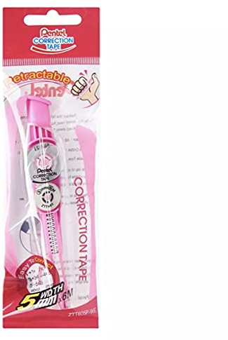 Pentel Correction Tape ZTT605 infällbar korrigeringstejp, 5 mm x 6 m remsa, trandent kropp och rosa