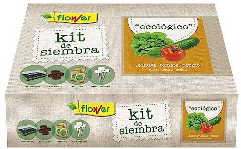 Flower - Kit de Siembra Ecológico Completo | Invernadero y Herramientas Incluidas | Ideal para Cultivar Lechuga, Tomate, Pepino | Substrato de Coco y Semillas Orgánicas, 38x24.5x9.5 cm, Semilla