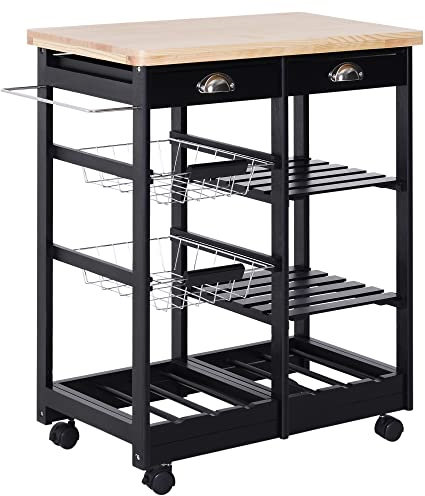 HOMCOM Küchenwagen Servierwagen mit ausziehbarem Korb Schublade Küchenrollwagen Weinablage Küchentrolley Holz Schwarz 74 x 37 x 76 cm