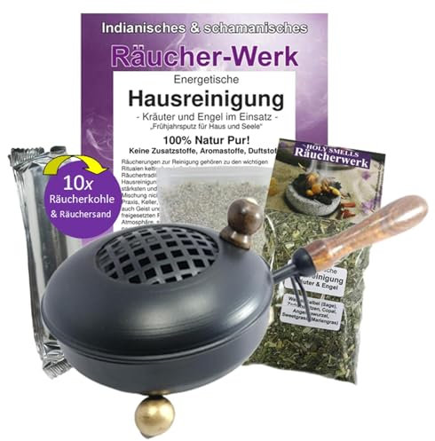 Energetische Hausreinigung räuchern 5-TLG Räucherset KRÄUTER & Engel Räuchermischung zum AUSRÄUCHERN von Wohnung, Praxis mit XL RÄUCHERPFANNE + Räucherkohle + Räucheranleitung 81043-P10
