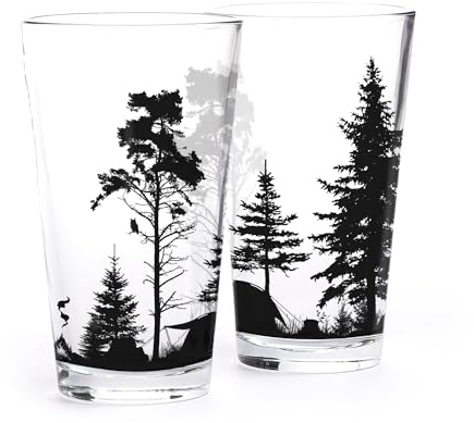Black Lantern Mountain Camping Pint Glass Set of 2 – 16oz Screen Printed Craft Beer Glasses – Outdoor Landscape Design with Gift Box – Dishwasher Safe