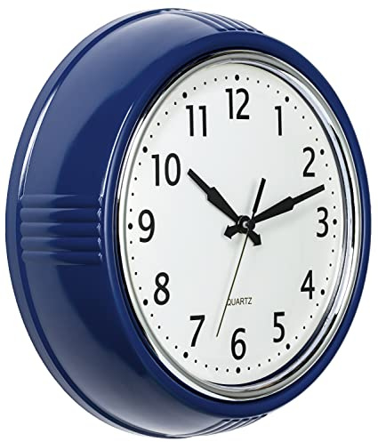 Bernhard Products Retro Wall Clock 12 Inch Navy Blue Kitchen 50's Vintage Design Round Silent Non-Ticking Quartz Battery Operated Clocks for Home Office School Classroom Kids Bedroom Living Room