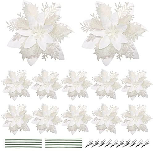 Toddmomy Fleurs de Poinsettia Blanches 12 Pièces Fleurs de Poinsettia Scintillantes de Noël Fleurs Artificielles de Noël des Tiges Et des Clips pour Les Décorations Darbre de Noël