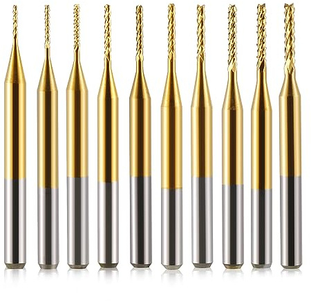 Trvoxviq PCB End Mills Set with Titanium Coat, 1/8 (3.175mm) Shank, 0.6-1.5mm Cutting Diameter CNC Router Bits CNC Rotary Burrs Milling Cutter for PCB Machine Mould Plastic (0.6-1.5mm, 10PCS)