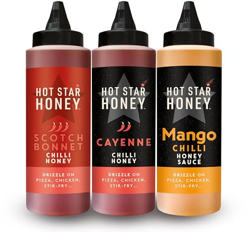 Hot Star Honey Hot Sauce Gift Set | Scotch Bonnet Sauce - Cayenne Chilli Sauce - Mango Chilli Sauce - Premium Hot Honey Gift Set for Chicken, Pizza, Pasta, Steak and Noodles