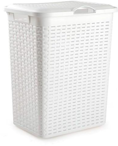 Tradineur - Cestino per biancheria sporca in rattan con coperchio e manici, pongotodo in plastica, per biancheria, imitazione vimini, prodotto in Spagna, colore: bianco - 38 litri, 49 x 38,5 x 29,5 cm