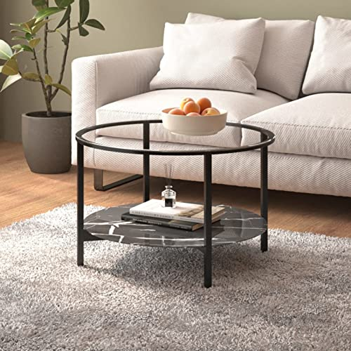 qohoio Beistelltisch Couchtisch Wohnzimmertisch Beistelltisch Wohnzimmer Sofatisch Schwarz und Schwarze Marmor-Optik 70 cm Hartglas