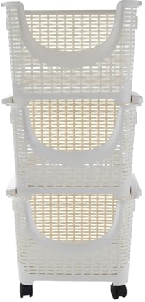 SLMSMSH Lagerregal 3-stufiger, stapelbarer, rollender Vorratsbehälter, Kunststoff, weißer Servierwagen, abnehmbares Tablett, rollender Küchen-Barwagen Lagerregal bodenstehend