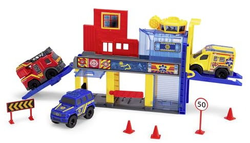 Dickie Toys - Micro SOS Auto-Station - Rettungsstation mit 3 Mercedes-Benz Spielzeugautos (Polizei, Feuerwehr und Krankenwagen), Funktionen & Spiel-Zubehör, Auto-Spielzeug für Kinder ab 3 Jahre
