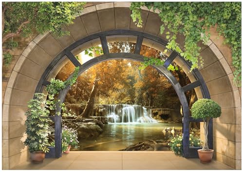 WallArena - Papier peint photo non tissé - Motif cascade - Vue de fenêtre - 350 x 250 cm - Pour salon et chambre à coucher - Effet 3D - Avec colle - Paysage forêt