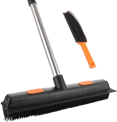 ASelected Rubber Broom Pet Hair Remover With Squeegee,Rubber Brush With Long Handle Carpet Sweeper,Indoor Outdoor Push Broom For Cat Dog Hair,Hardwood Tile, Windows, Fluff Carpet,Tile, Hardwood Floor