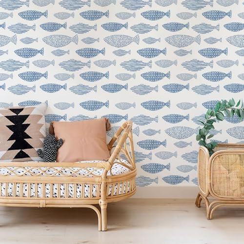 Alwayspon Carta da parati adesiva con pesci blu, 100,6 x 38,6 cm, pellicola adesiva per mobili, soggiorno, camera da letto, camera dei bambini, rotolo di pellicola in vinile per decorazione da parete