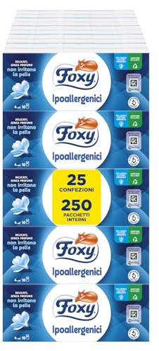 Foxy Fazzoletti di Carta Tascabili Ipoallergenici 4 Veli 25 Confezioni da 10 Pacchetti 100% Pura Cellulosa Certificazione FSC Confezione Riciclabile 100% Energia Elettrica Rinnovabile