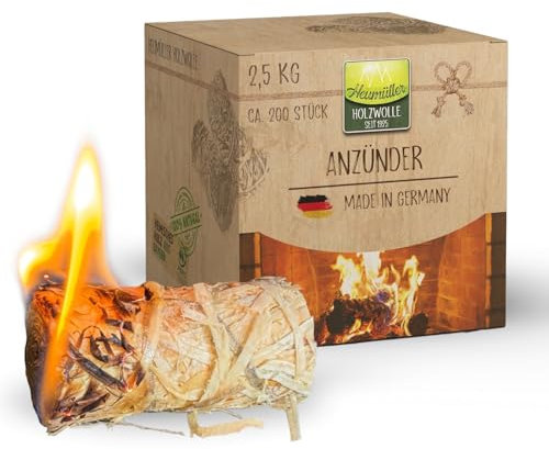 Heumüller Holzwolle 2 kg (ca. 200 Stück) Holzwolle-Anzünder Kaminanzünder | Öko-Anzünder aus Holzwolle & Wachs | Lange Brenndauer & geruchsneutral | Ideal für Kamin, Grill & Feuerstellen