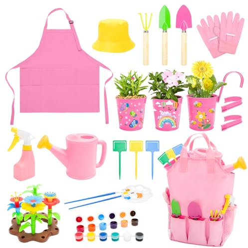deAO Outils De Jardinage pour Enfants Graffitiable avec Sac, Râteau, Pelle, Arrosage, Tablier, Bricolage en Tout-Petit Ensemble Et Pots De Plantes, Arrosoir, Ensemble De Jardinage en Plein Air(Rose)