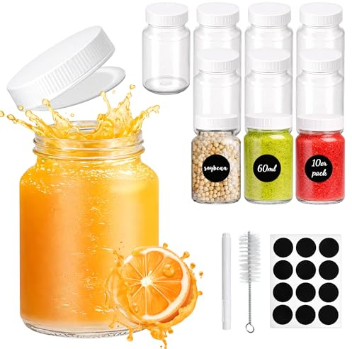 FZSECRIU 10 stycken shotflaskor för fyllning 60 ml, återanvändbara små glasflaskor för fyllning, ingefära shot-flaskor, miniglasflaskor, shotburkar med lock, etiketter och penna för juice, prov