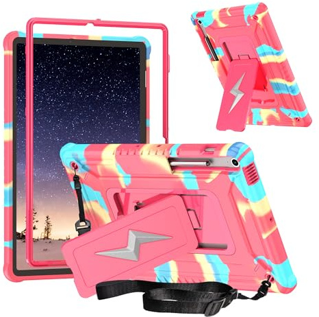 Étui pour tablette compatible avec Samsung Galaxy Tab S10 Plus 12,4 2024 X820/X826B/X828U avec support intégré + bandoulière - Coque hybride robuste et résistante aux chocs - Rouge arc-en-ciel