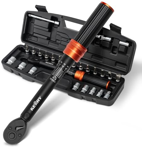Kerry 27 pièces 1/4 pouce Clé dynamométrique compacte pour vélo 1-25 Nm, cliquet à 72 dents, pour vélo et moto, boîtier cliquet inclus avec rallonge de 12,7 cm, embouts intérieurs à six pans creux et