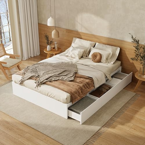YuQozii 140 x 200 cm, letto a pallet, letto matrimoniale, letto in legno massiccio, con vano portaoggetti sotto il letto, con cassetti, senza materasso, colore: bianco