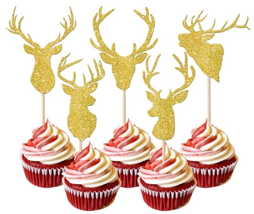 10 Stück Weihnachten Hirsch Cupcake Toppers, Weihnachts Hirsch Cupcake Topper, Braunes Glitzer-Geweih, Kuchendekoration, für Hochzeit,Geburtstag, Jagd, Partyzubehör